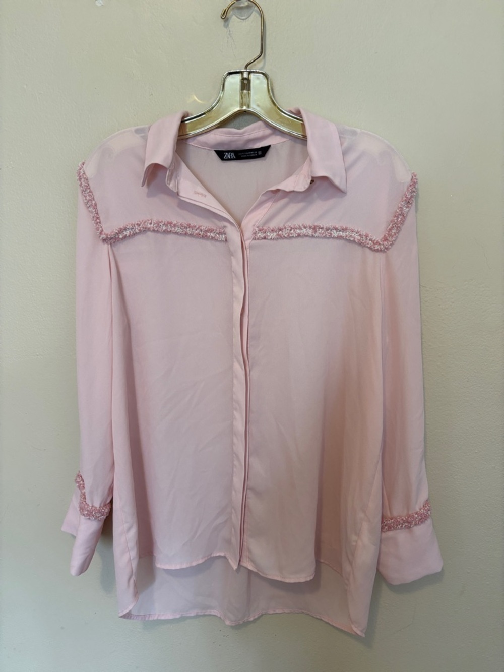 Zara Pale Pink Fringe-Trim Button Down Shirt